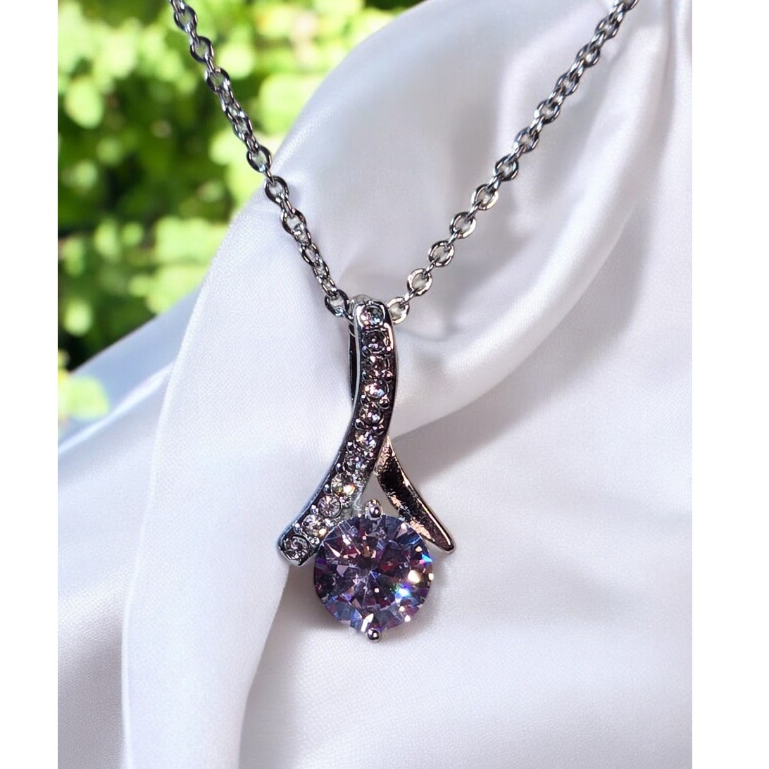 Lavender Cz Pendant Necklace Silver Tone Romantic Sparkle Necklace Soft Glam